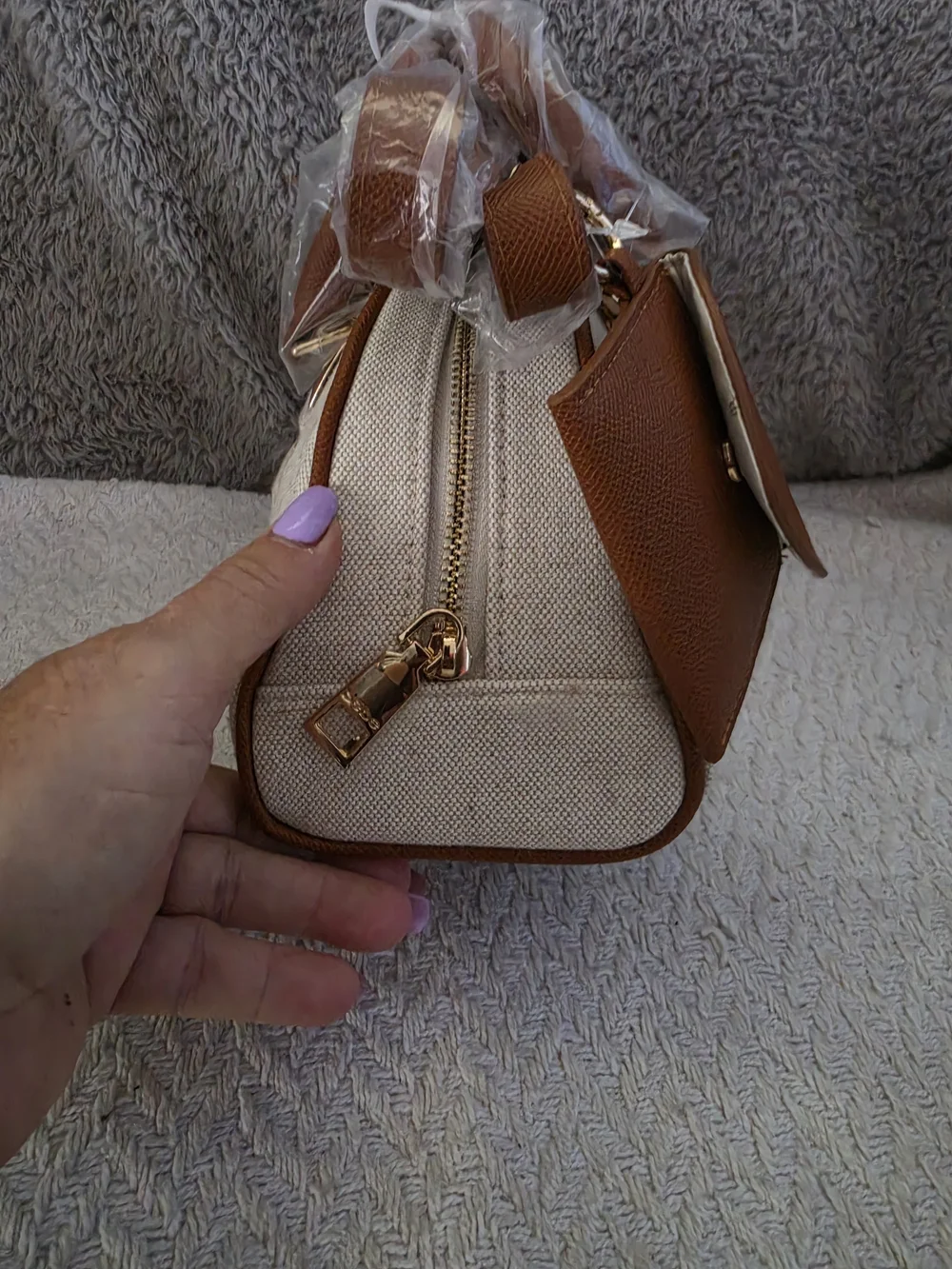 bebe Caramel Paisley Small Canvas Bowler Satchel Bag.